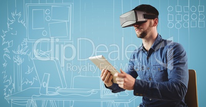Man in virtual reality headset with tablet against blue and white hand drawn office