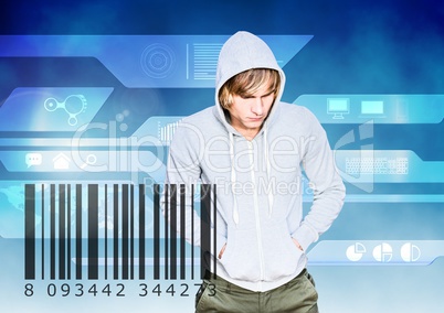 Blond hair hacker in front of digital background close to a bar code