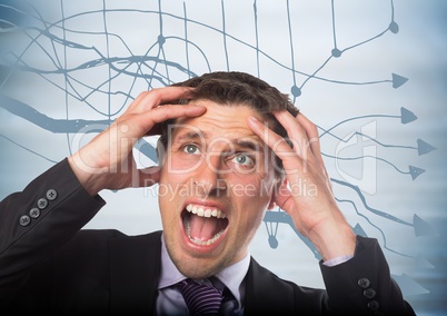 Frustrated business man against 3D blurry blue wood panel and graph