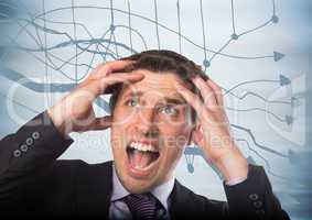 Frustrated business man against 3D blurry blue wood panel and graph