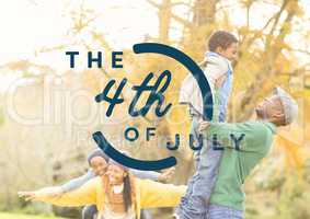 Blue fourth of July graphic against family in forest