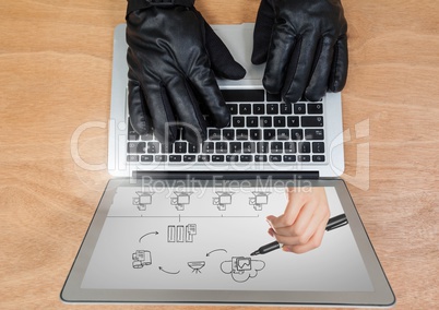 Hands with glove using a laptop with drawings on screen