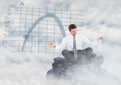 Business man meditating on mountain peak among 3D clouds against blue graph