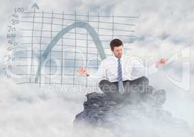 Business man meditating on mountain peak among 3D clouds against blue graph