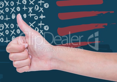 Hand giving thumbs up against hand drawn american flag