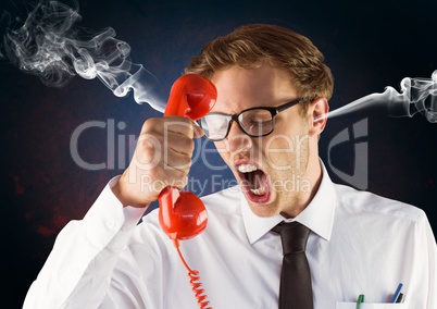 anger young man with steam on ears shouting to the phone. Black and blue background