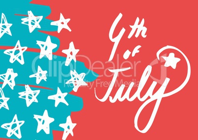 White fourth of July graphic against hand drawn star pattern and red background