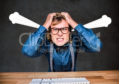 Young hipster man angry, with hands on head and 3D steam on ears.