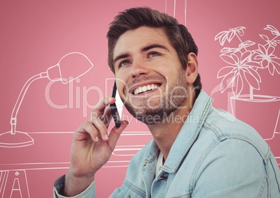Millennial man on phones against pink and white 3D hand drawn office