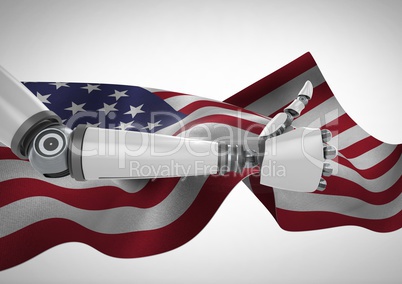 Thumbs up robot against fluttering american flag