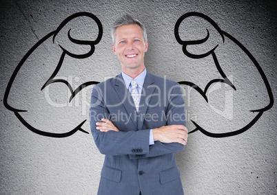 happy businessman hand folded in front of fists draw on the concrete wall