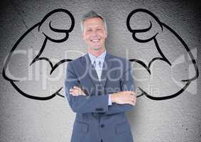 happy businessman hand folded in front of fists draw on the concrete wall