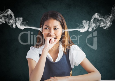 anger young woman with 3D steam on ears and hand on the mouth. Black and grey background