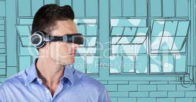 Business man in virtual reality headset against blue hand drawn windows