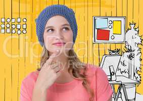 Millennial woman thinking against 3D yellow hand drawn office