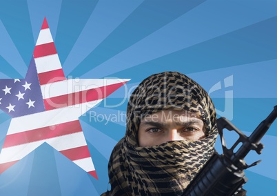 Soldier with weapon in front of american flag in star