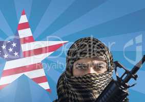 Soldier with weapon in front of american flag in star