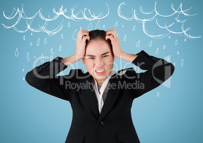 Frustrated business woman against blue background and white rain graphics