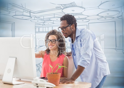 Millennials at computer against blue hand drawn office