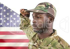 Military saluting against american flag