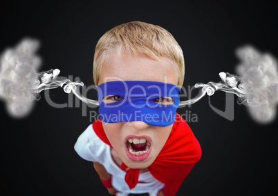 anger boy dressed like superhero with steam on ears. Black  background