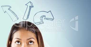 Top of woman's head looking up at upward 3d arrows against blue background