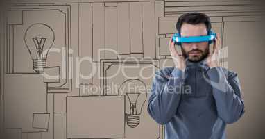 Man in blue virtual reality headset against 3d brown hand drawn wall with pictures