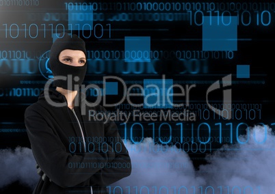 Woman hacker with arms crossed in front of 3d digital background