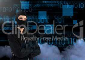 Woman hacker with arms crossed in front of 3d digital background
