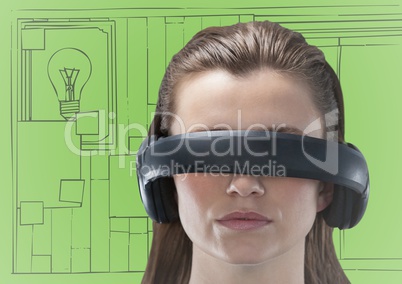 Woman in virtual reality headset against 3d green and grey hand drawn wall with pictures