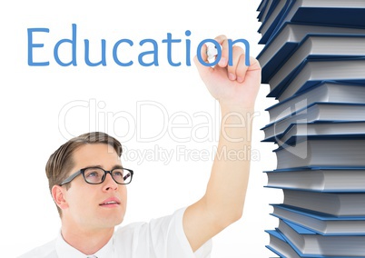 Young man writing 3d EDUCATION on the screen, near  a stack of books