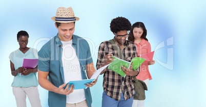 College students against blue abstract background