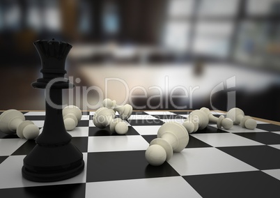 3d Chess pieces against blurry cafe