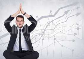3d Business man meditating against white wall with graph