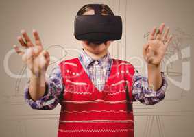 Boy in virtual reality headset against 3d cream hand drawn office