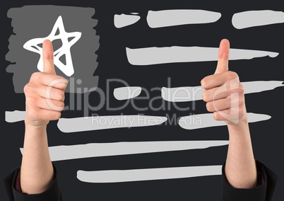 Two hands giving thumbs up against 3D grey hand drawn american flag