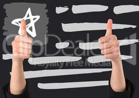 Two hands giving thumbs up against 3D grey hand drawn american flag
