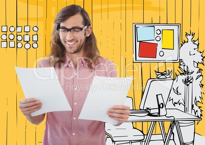 Millennial man with papers against 3D yellow hand drawn office