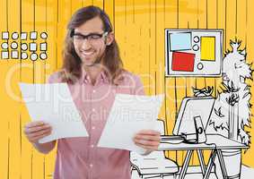 Millennial man with papers against 3D yellow hand drawn office