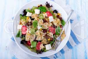 Mediterranean Farfalle salad with dry tomatoes and pine cores