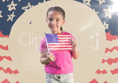 Girl holding american flag against hand drawn american flag with flare