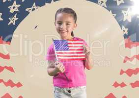 Girl holding american flag against hand drawn american flag with flare