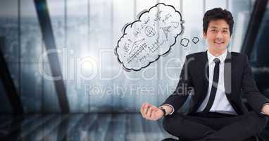 Business man meditating against blue window with thought cloud showing math doodles
