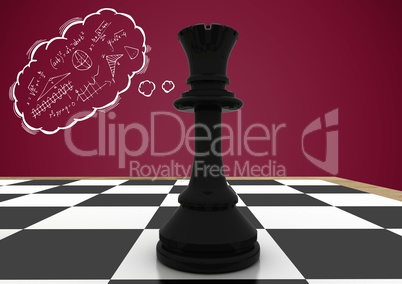 3D Chess piece against maroon background and thought cloud with math doodle