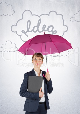 Business woman with pink umbrella against white wall and 3D idea doodle