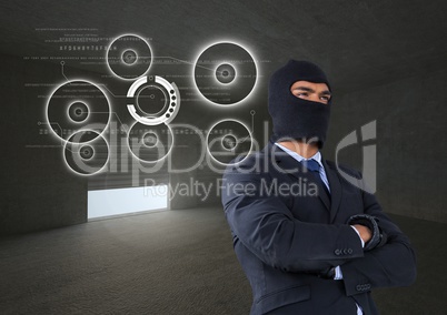 3D Business hacker with arms crossed standing in a room