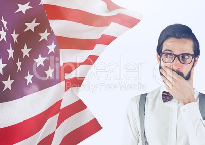 Surprised hipster man looking an american flag on his right