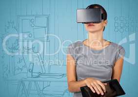 Business woman in virtual reality headset with tablet against blue hand drawn office