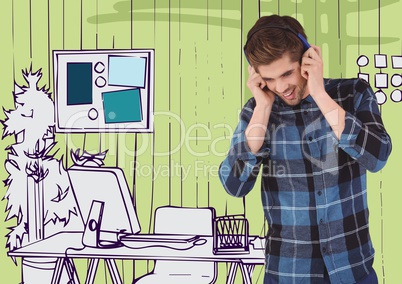 Millennial man on headphones against 3D green hand drawn office