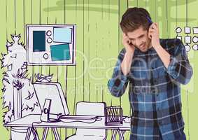 Millennial man on headphones against 3D green hand drawn office